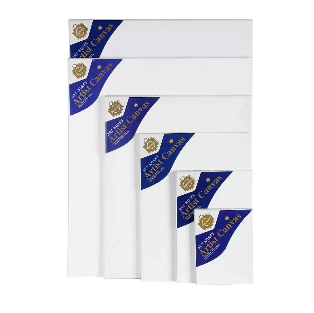 Set of white artist canvases with blue and gold 'Art Canvas' branding on a white background
